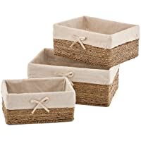 EZOWare Set de 3 Cestas de Almacenamiento de Mimbre de Natural Algas Marinas- Caja Organizadora Decorativo con Forro de…